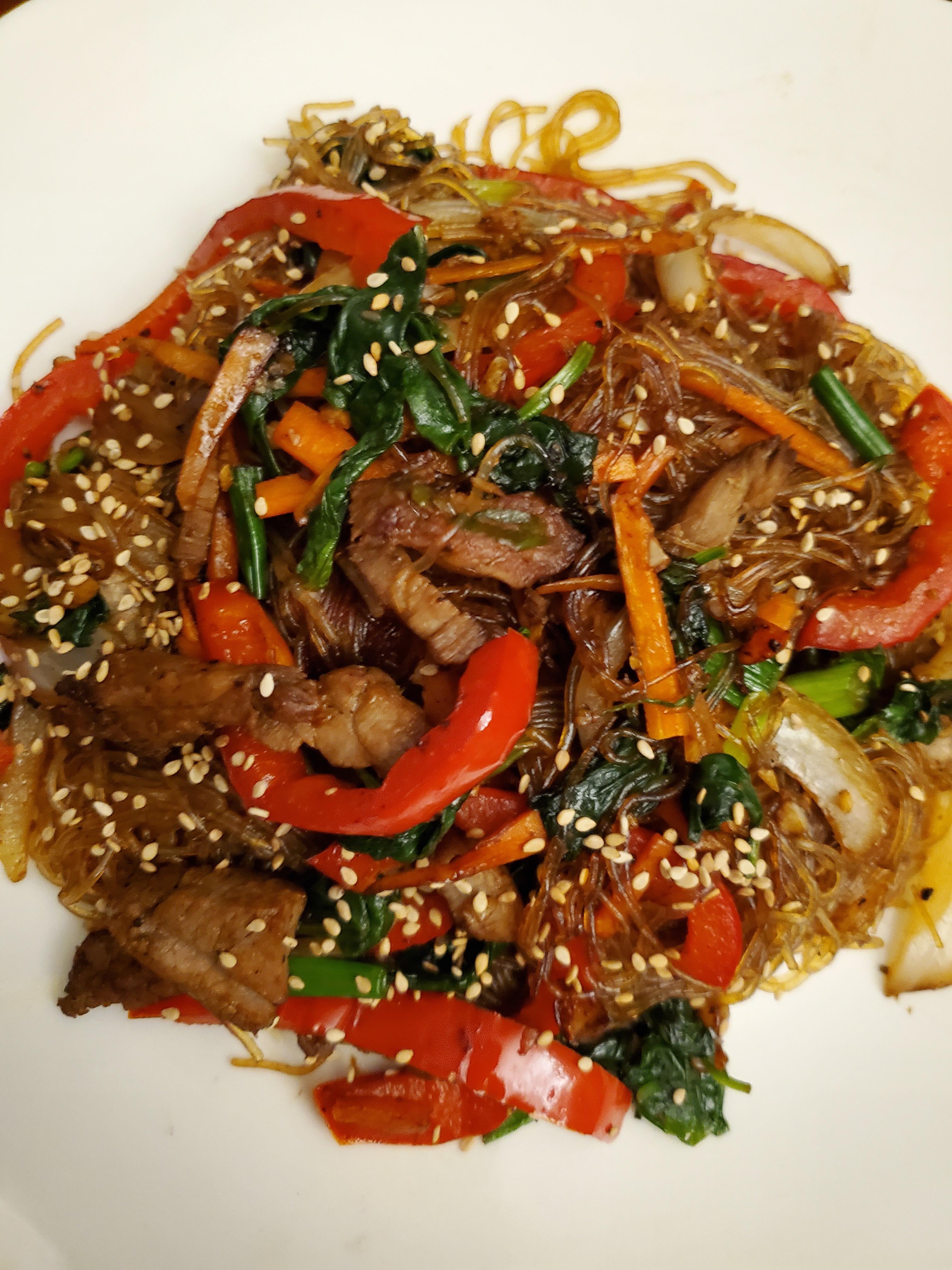Japchae. Korean glass noodle stir fry with beef and veggies seasoned ...