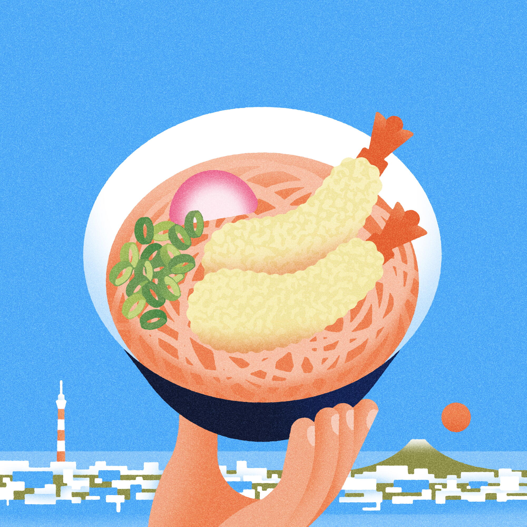 Illustration of soba noodle bowl against Tokyo backdrop