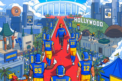 Illustration of Rams players and coach Sean McVay walking on a red carpet leading to Super Bowl LXI at SoFi Stadium.