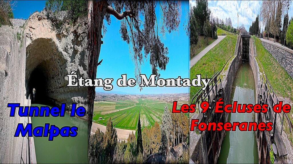 Les 9 Écluses de Fonseranes,Tunnel le Malpas,Étang de Montady.Video 4k,Béziers,Francia,walking tour Les 9 Écluses de Fonseranes,Tunnel le Malpas,Étang de Montady.Video 4k,Béziers,Francia,walking tour
