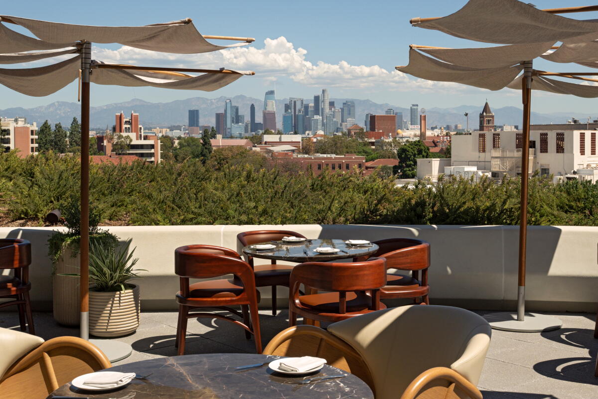 The patio of Skywalker Grill at the Lucas Museum of Narrative Art provides a view of downtown Los Angeles.