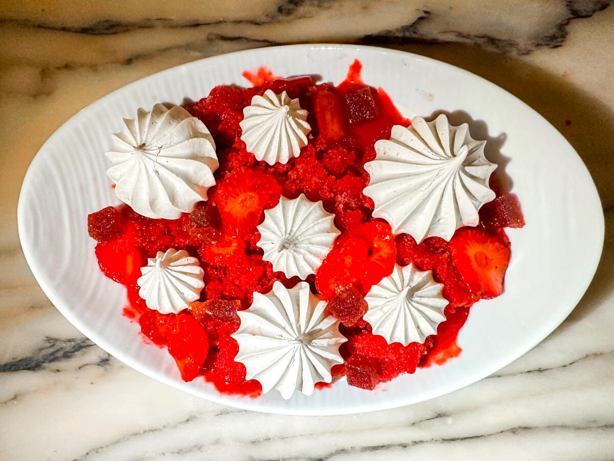 Torta di ricotta with sour cherries and cherry-almond sorbetto, created by pastry chef Shannon Swindle at Funke.