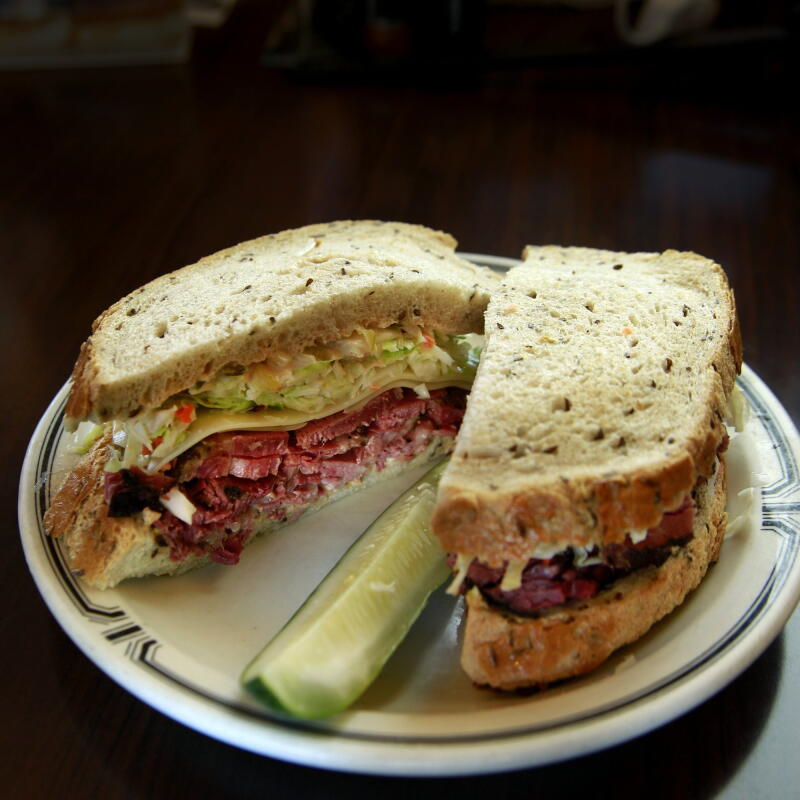The classic #19 at Langer’s: pastrami, Swiss cheese, coleslaw and Russian dressing. 