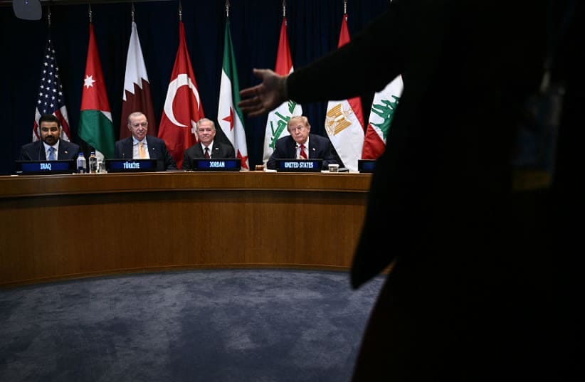 US President Donald Trump attends a Gulf Cooperation Council (GCC) multilateral meeting alongside Iraqi Prime Minister Ali al-Zaidi, Turkey's President Recep Tayyip Erdogan and King Abdullah II of Jordan on the sidelines of the 81st United Nations General Assembly in New York on September 22, 2026.