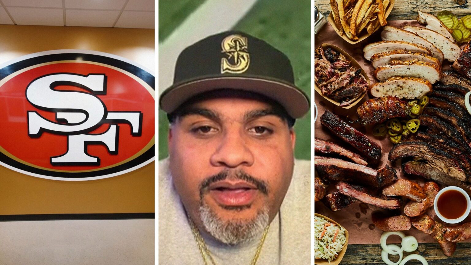 How Did Daejon Love Trick Vancouver Restaurant Owner? 49ers logo (l) man shares meeting a scammer experience (c) BBQ restaurant (r)