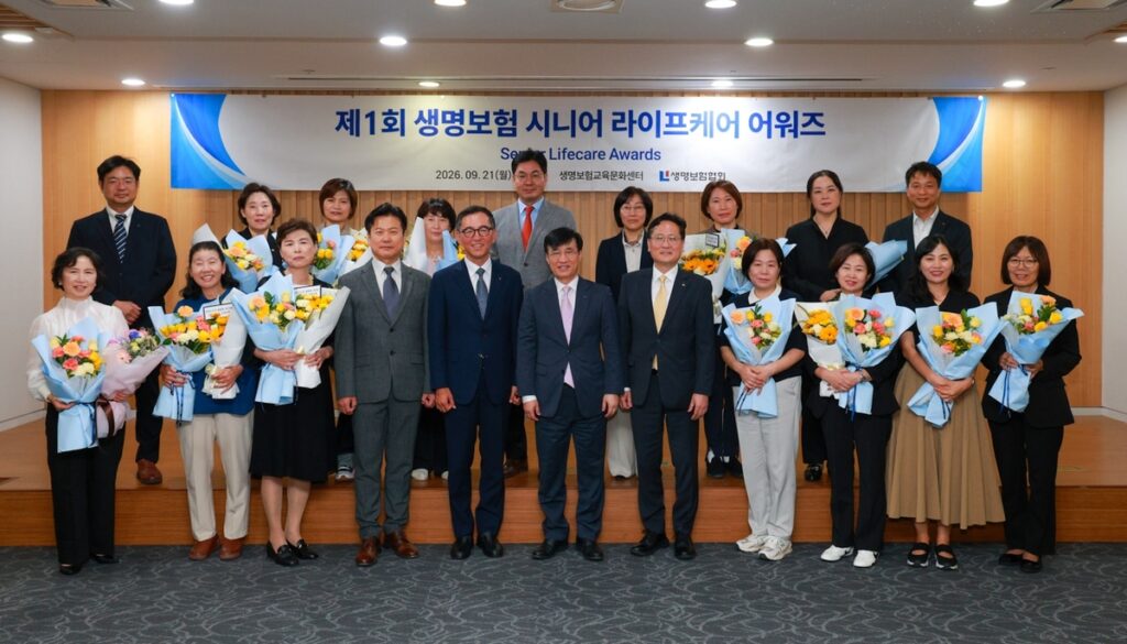 Life Insurance Association Honors 12 Elderly Care Workers in New Awards Kim Chul-ju (front row, center), chairman of the Korea Life Insurance Association, poses for a photo with award winners at the first Life Insurance Senior Life Care Awards held on the 21st, alongside Park Sung-hyun (front row, fourth), head of Samsung Noble Life; Woo Suk-moon (front row, fifth), CEO of Shinhan Life Care; and Cho Yong-beom (front row, seventh), CEO of KB Golden Life Care. Courtesy of the Korea Life Insurance Association - Seoul Economic Daily Finance News from South Korea