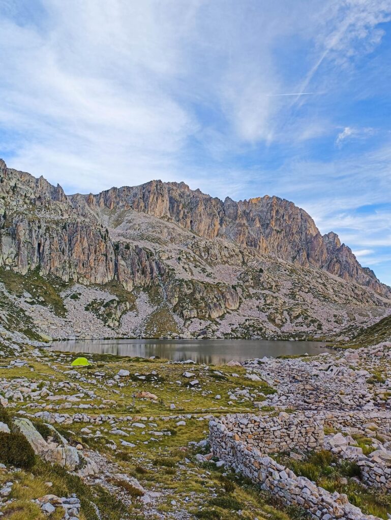 Wild camping at Lago Soprano di Fremamorta, in the Maritime Alps Natural Park on the border between France and Italy.