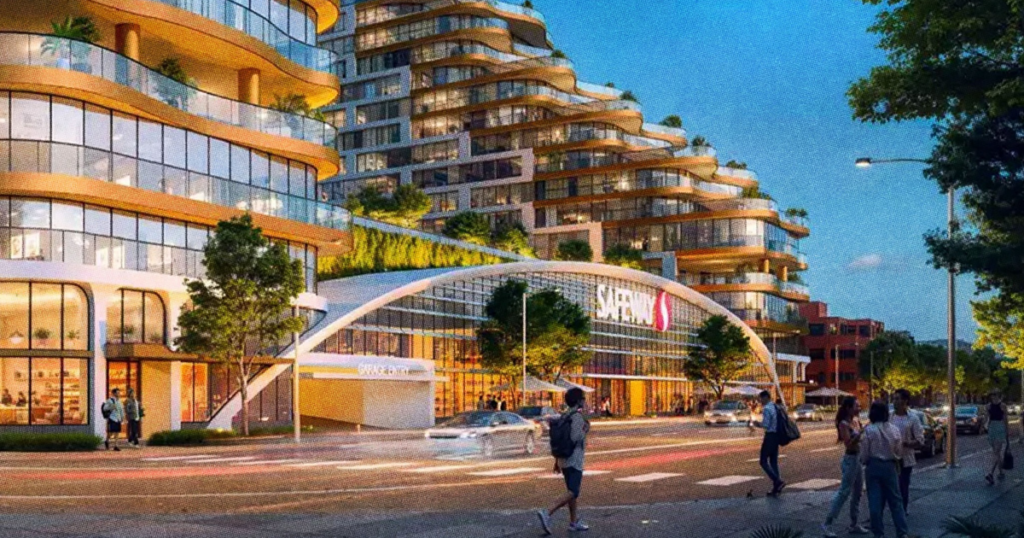 Four lessons from the Marina Safeway housing battle Curved modern buildings with glass balconies and greenery surround a bright urban street where people walk and cars drive at dusk.