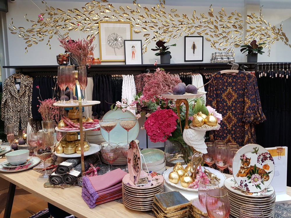 Both in fashion and homeware, Anthropologie is keen on prints and a broad colour palette (with golden leaves in the background)