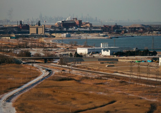 A site near the Gary-Hammond border and Buffington Harbor, near a passenger rail track, shown on Jan. 19, 2026, is one of three sites proposed by Indiana for a future Bears stadium. (E. Jason Wambsgans/Chicago Tribune)