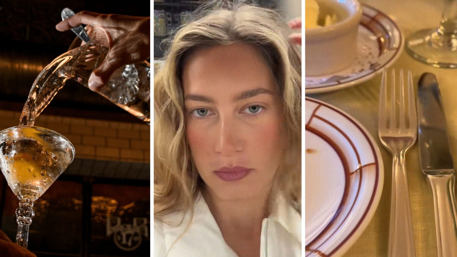 Would You Be OK With This $30 New York Martini? serving a Martini (l) woman shares Martini order issue (c) restaurant setting (r)