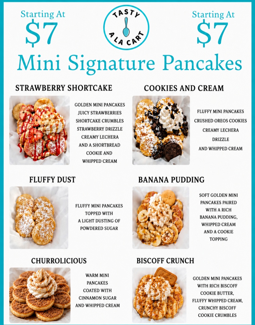 Menu featuring mini signature pancakes with strawberry shortcake, cookies and cream, banana pudding, fluffy dust, churrolicious, and biscoff crunch.