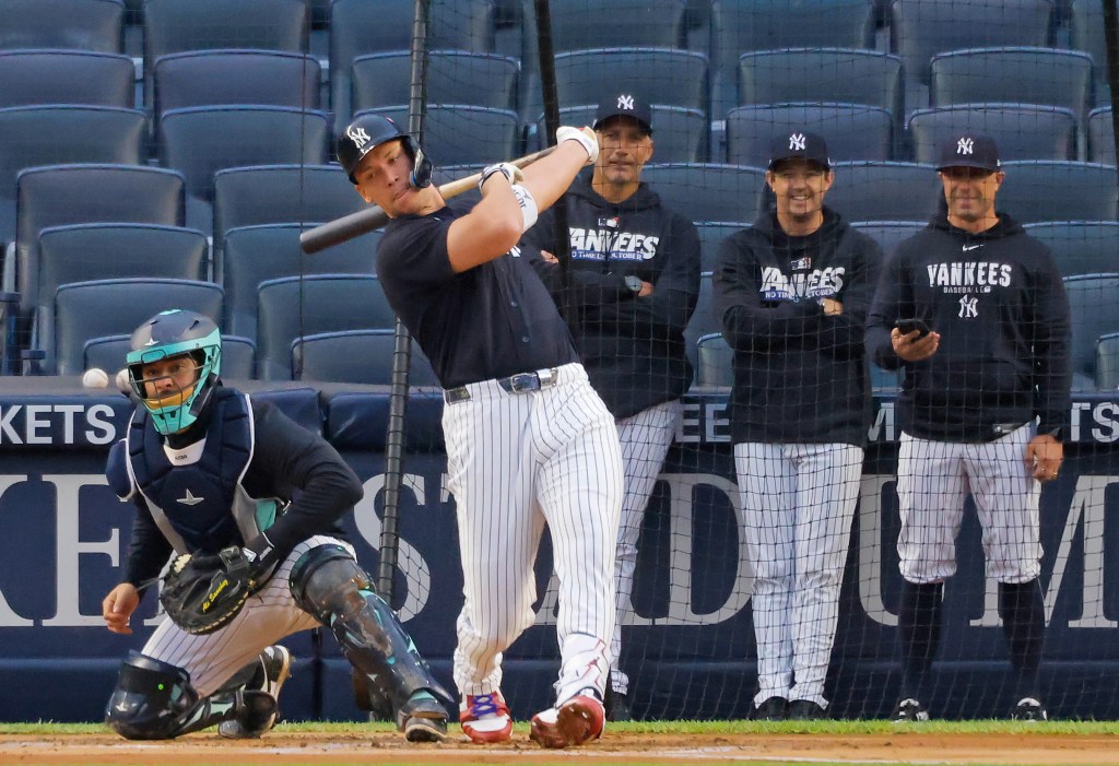 New York Yankees' Aaron Judge takes live batting practice at Yankee Stadium.